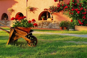 Ein Schubkarren mit einem Blumentopf vor einem Gebäude mit Rundbogenfenstern und einer Steinmauer.