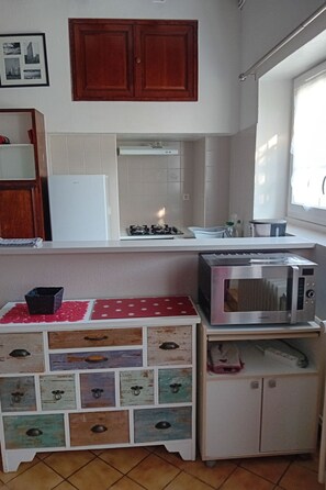 Frigorífico, microondas, horno y utensilios de cocina