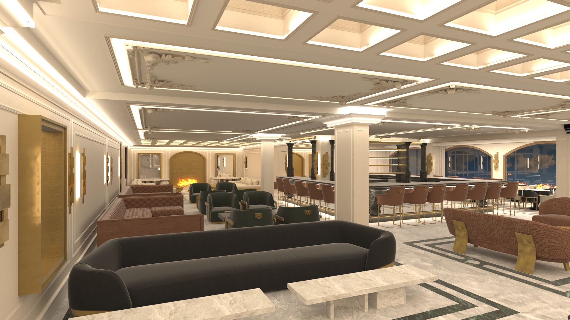 A spacious lobby with a central seating area, a bar, and a pool table.