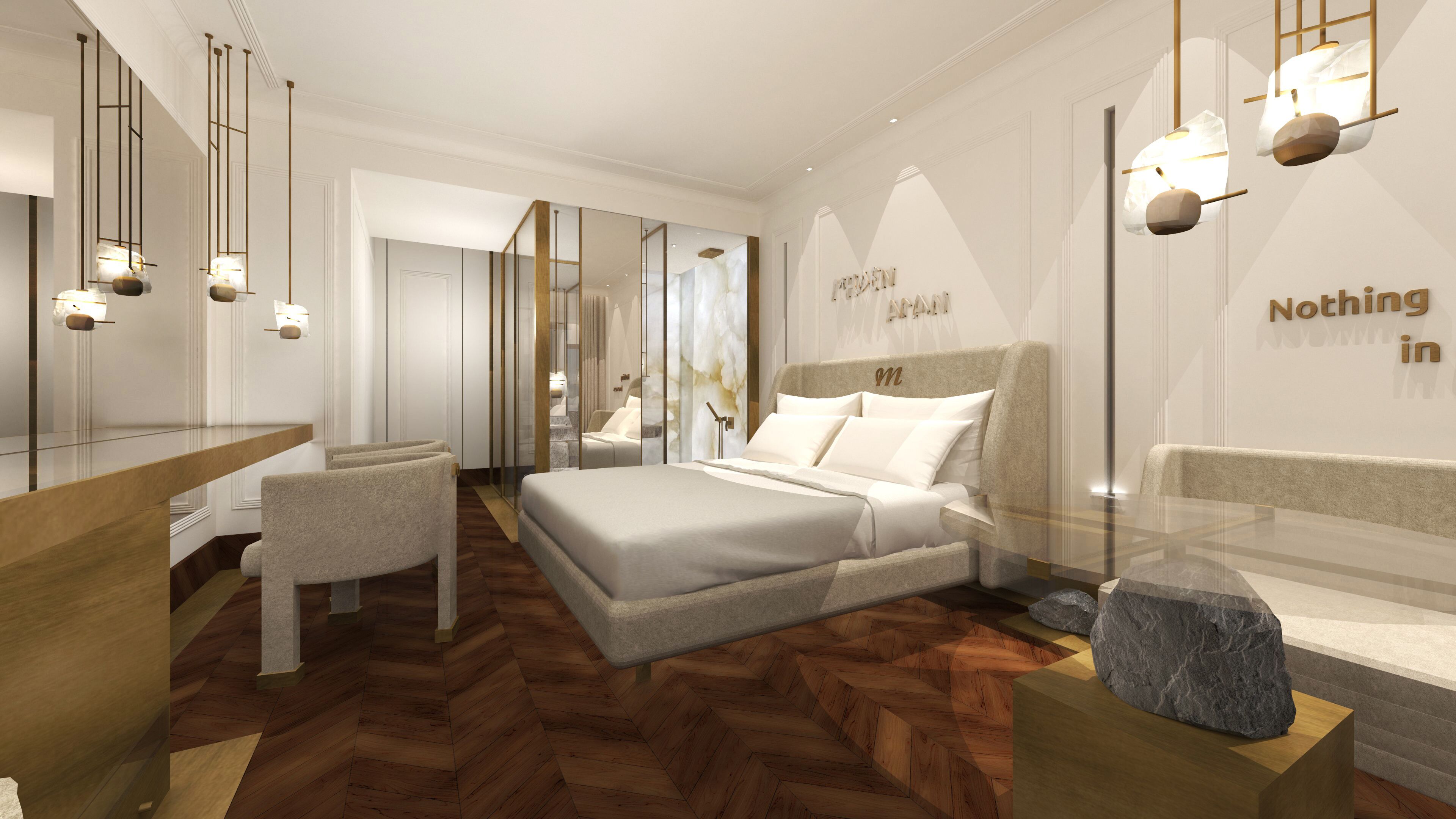 A modern bedroom with a large bed, a glass table, and a seating area.