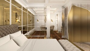 Un dormitorio moderno con una cama grande, un vestidor con paredes de vidrio y piso de madera.