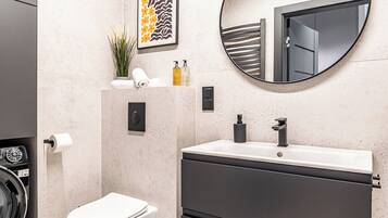 A modern bathroom with a toilet, sink, and mirror.