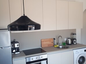 Fridge, oven, cookware/dishes/utensils