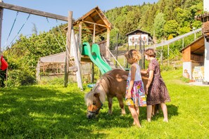 A wooden play structure with a slide, a small pony, and two children.