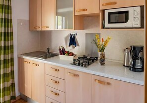 Fridge, microwave, stovetop, coffee/tea maker - Apartment 'Lechnerhof Appartement Enzian' with Mountain View, Private Terrace and Wi-Fi (Schenna)