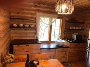 Fridge, microwave, cookware/dishes/utensils