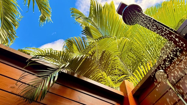 Une terrasse en bois avec une pomme de douche qui projette de l’eau, entourée d’un feuillage luxuriant de palmiers, le tout se détachant sur un ciel bleu clair.