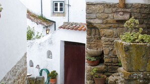 Un estrecho sendero de piedra que conduce a un edificio con puerta roja, rodeado de macetas con plantas y muros de piedra.