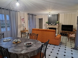 Un salon comprenant un canapé, un téléviseur, une cheminée, une table à manger avec des chaises et un sol à motifs.