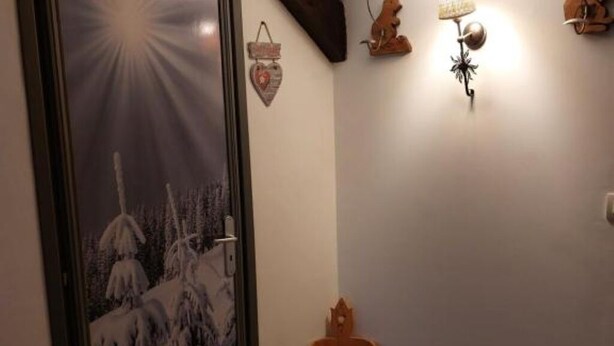 Un couloir orné d’un tableau encadré représentant un paysage enneigé, d’un luminaire fixé au mur et d’une petite poubelle orange.