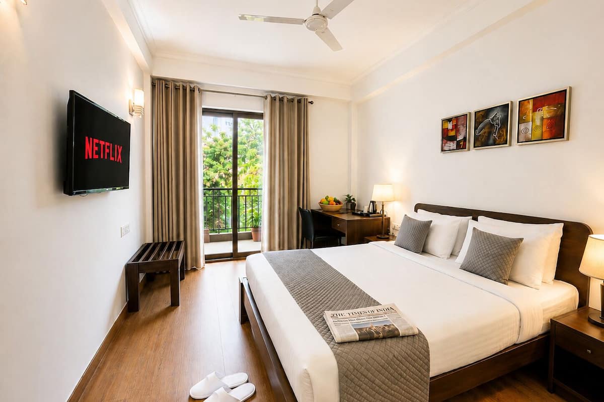 A hotel room with a bed, a desk, a chair, a TV, a balcony with curtains, and artwork on the wall.