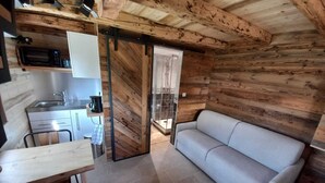Ein kompakter Wohnraum mit Küchenzeile, Essbereich und einer Couch.