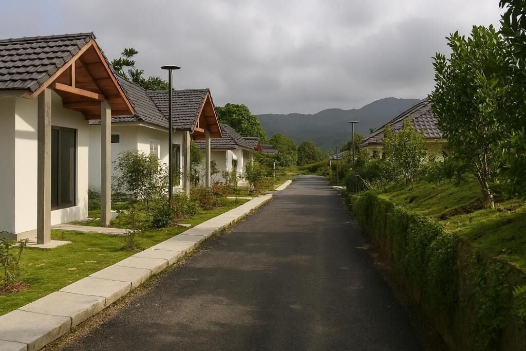A row of modern, single-story buildings with sloped roofs, a paved driveway, and lush greenery.