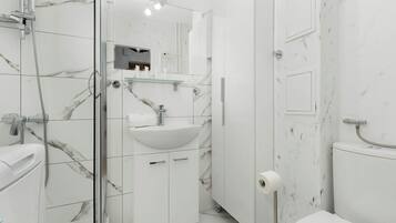 Douche, sĂšche-cheveux, serviettes fournies, shampoing