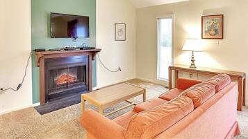 TV, fireplace, books