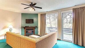 TV, fireplace, books