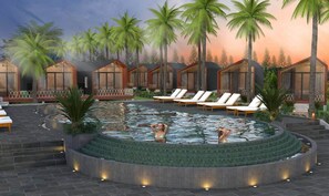 Outdoor pool, pool umbrellas - Royal C Beach Resort (Sihanoulville)