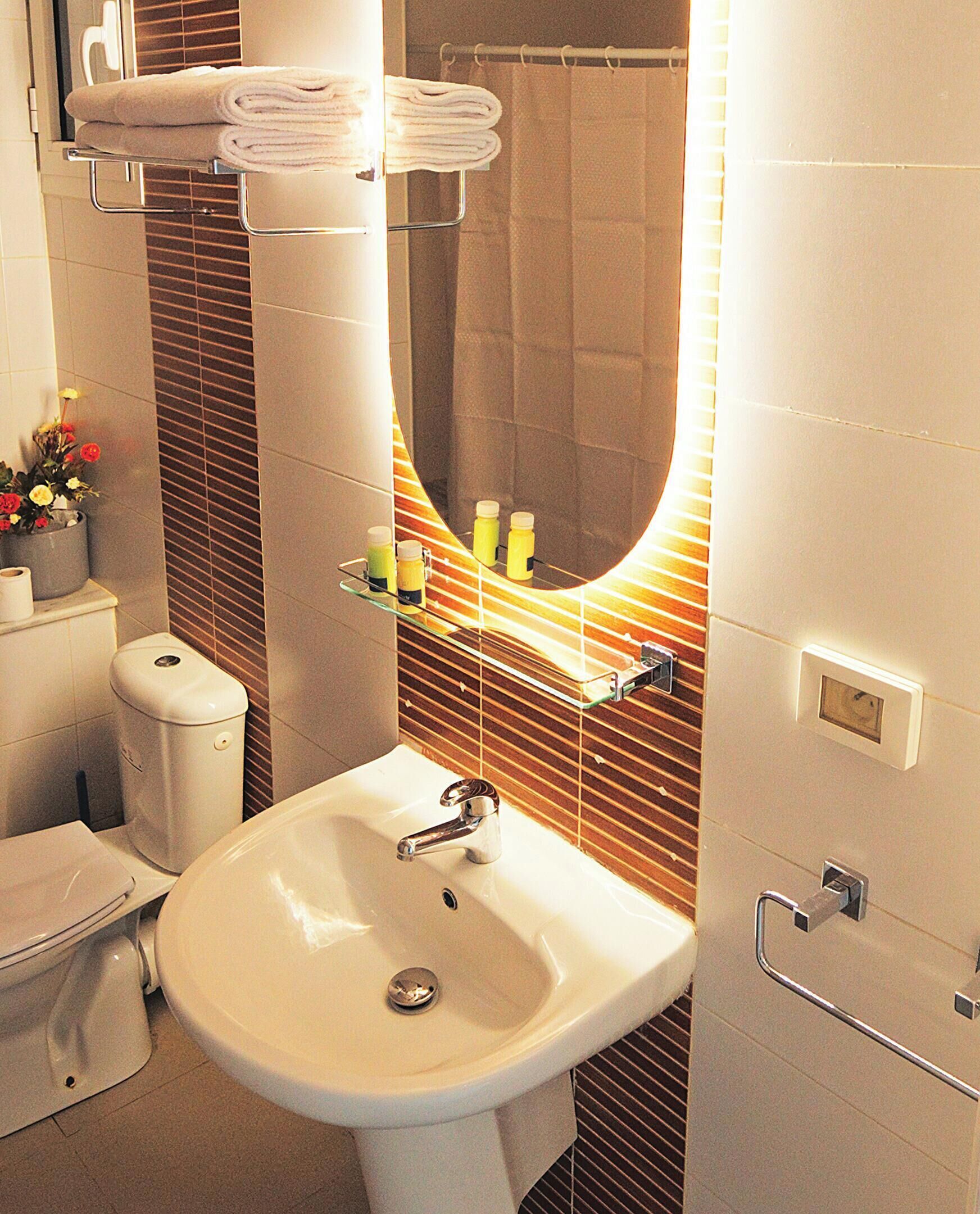 Shower, hair dryer, towels, toilet paper
