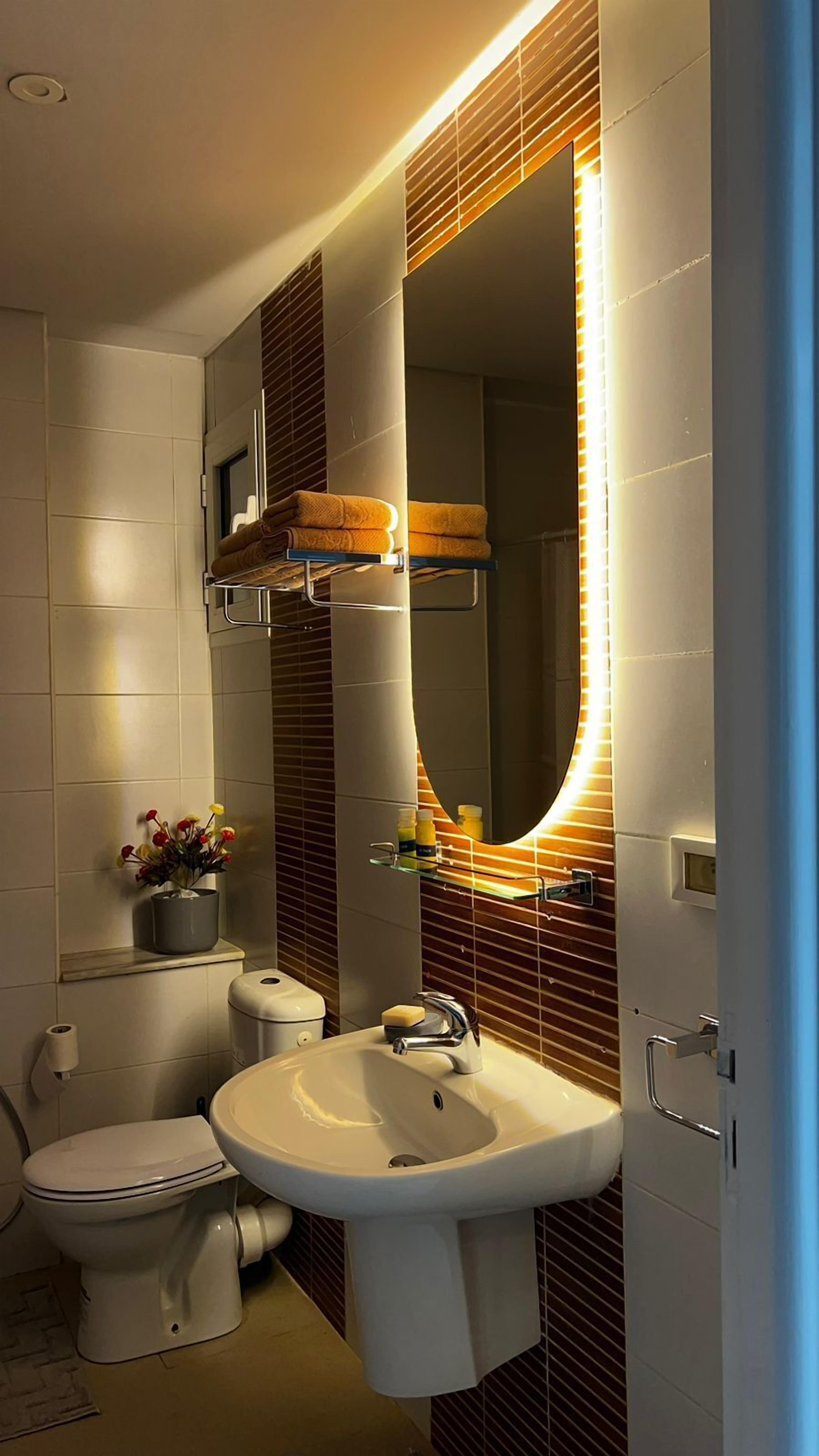 Shower, hair dryer, towels, toilet paper