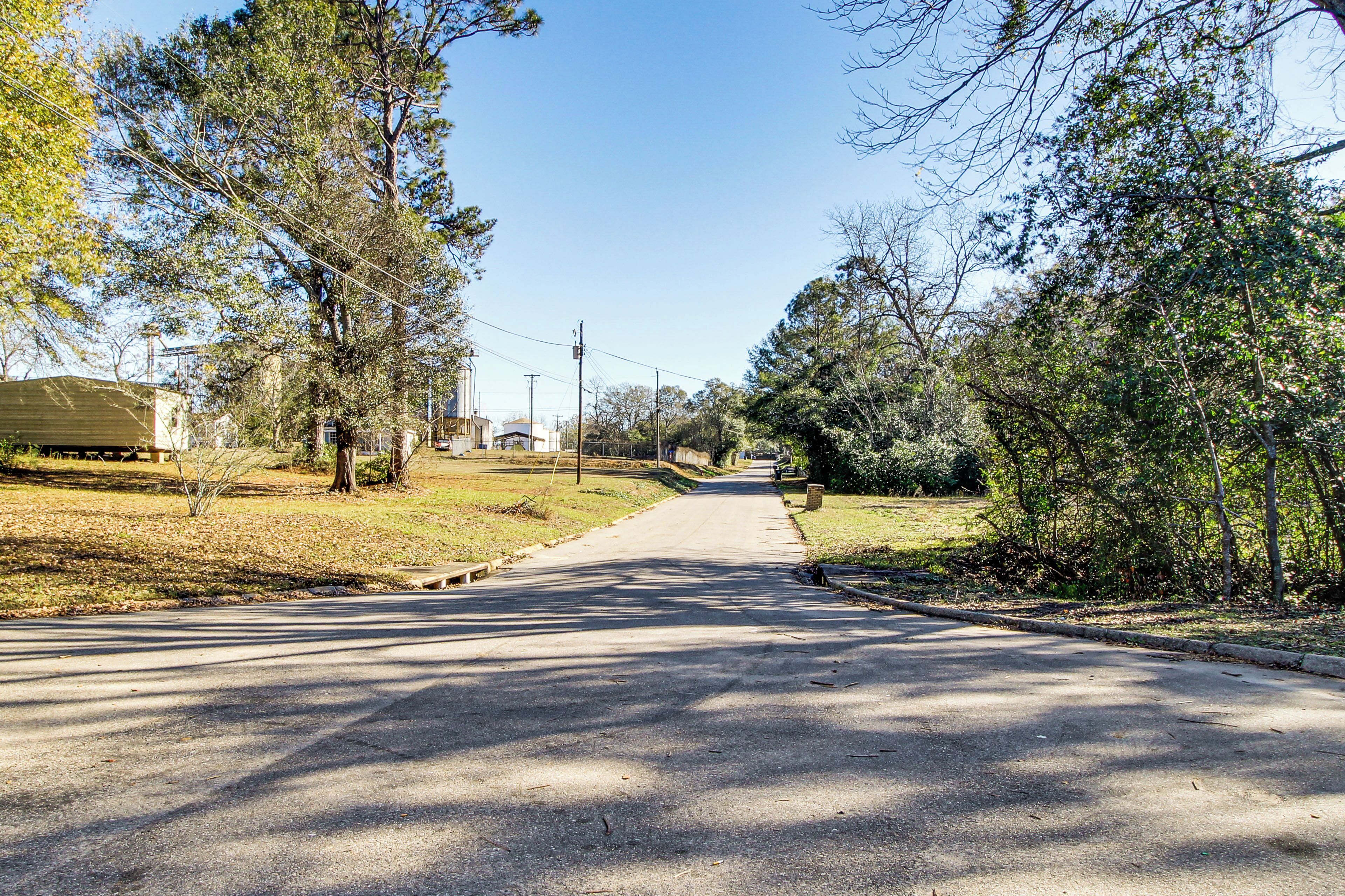 A quiet, tree-lined street with a paved road, houses, and a clear blue sky.