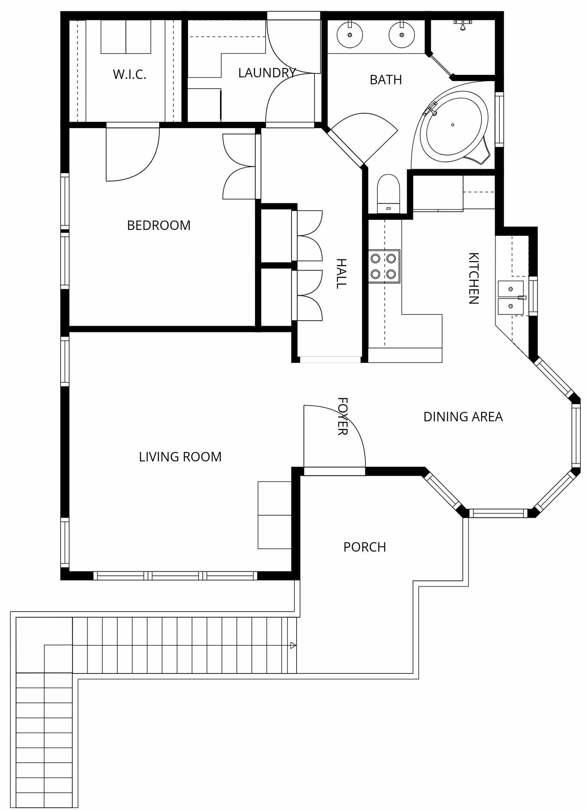Een plattegrond met een slaapkamer, badkamer, keuken, eetruimte, woonkamer en veranda.