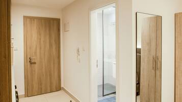A spacious room with a wooden wardrobe, a large mirror, and a glass shower enclosure.