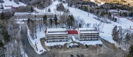 A multi-story hotel with a red roof, surrounded by snow-covered trees and a ski slope.