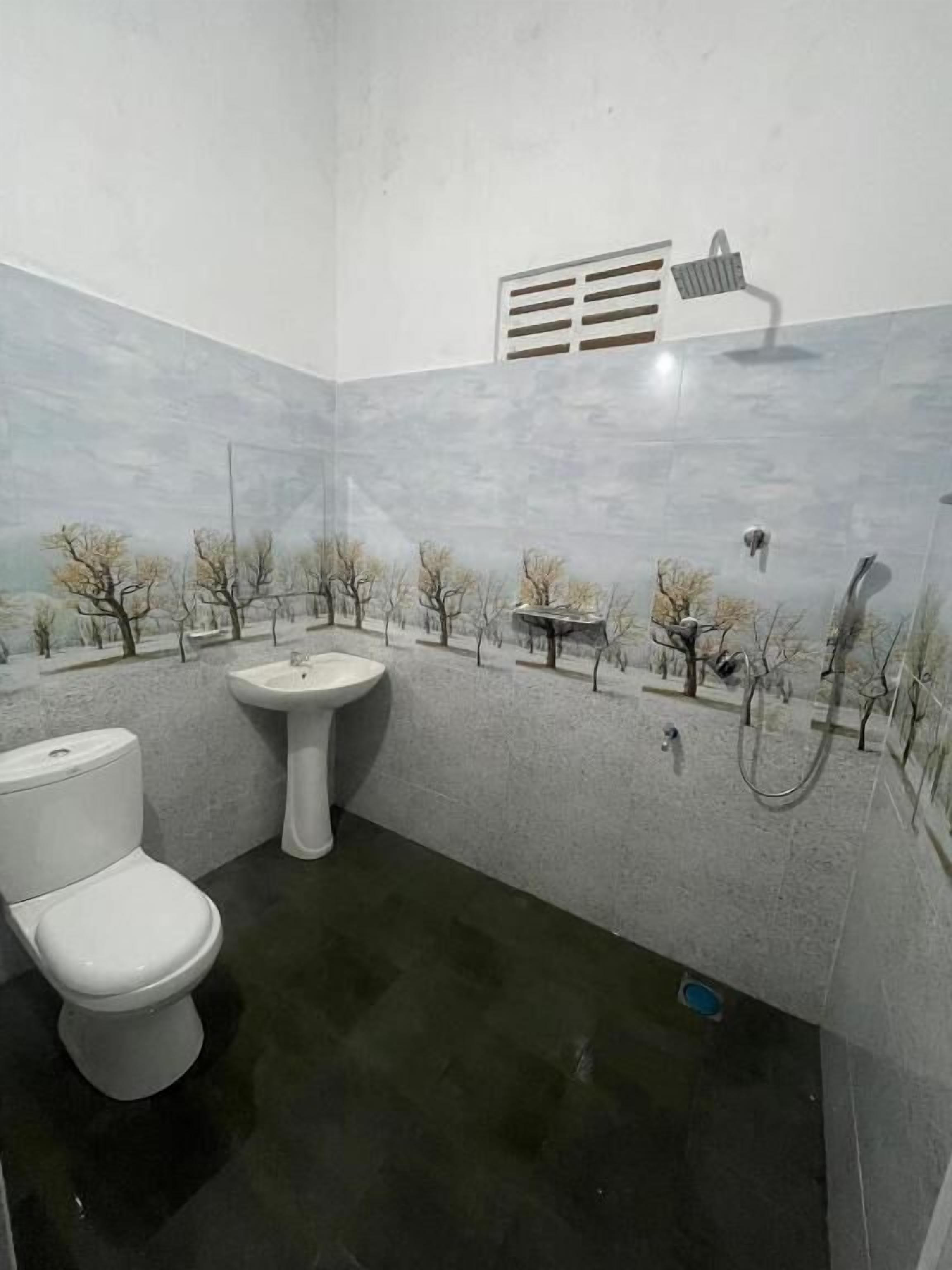 Shower, slippers, towels, soap