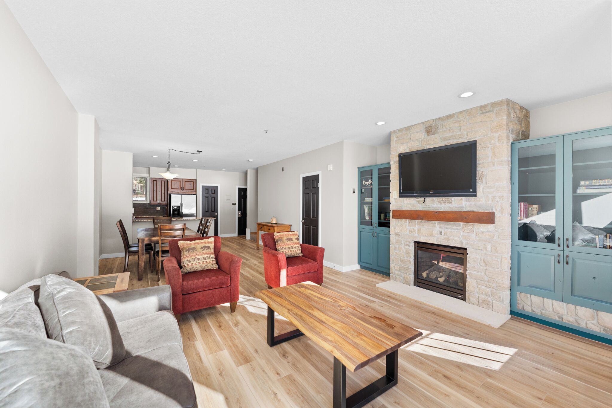 TV, fireplace
