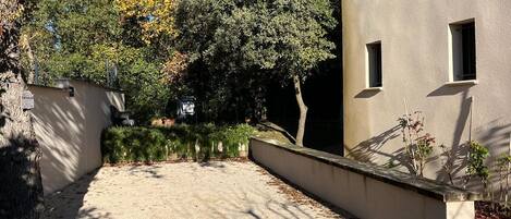 Un patio con piso de concreto, rodeado de árboles y un edificio con ventanas.