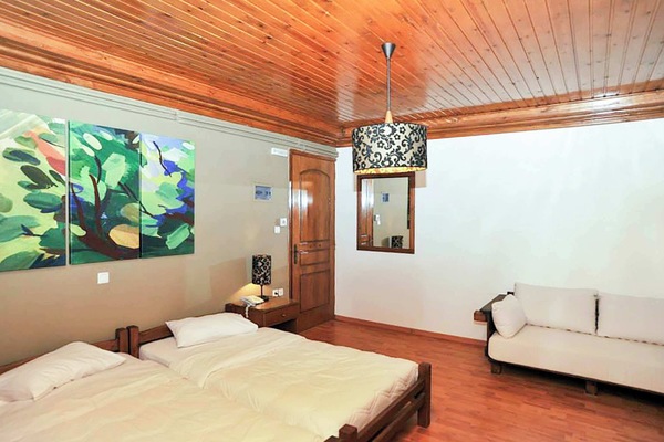 Spacious bedroom with warm wooden ceilings, featuring a comfortable double bed and an additional sofa bed, offering a cozy and flexible sleeping arrangement for families or small groups.