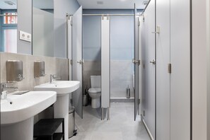 Shower, hair dryer, soap, toilet paper