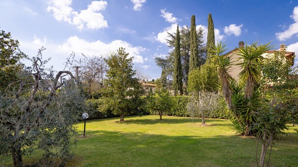 Ein gepflegter Garten mit verschiedenen Bäumen und Sträuchern, einer Rasenfläche und einem Gebäude im Hintergrund.