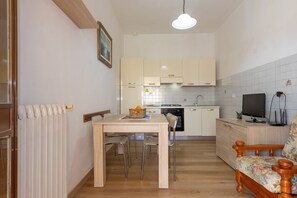 Une cuisine compacte comprenant une table à manger, des chaises, un radiateur, un téléviseur et une chaise en bois avec un coussin à motifs floraux.