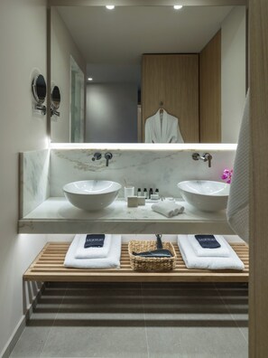 Junior Suite, 1 King Bed with Sofa bed, Resort View | Bathroom | Shower, hair dryer, slippers, towels - Heromylos Resort And Spa (Evia)