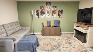 Una sala de estar con un sofá gris, un tapete estampado, un televisor sobre un mueble de madera y una chimenea.