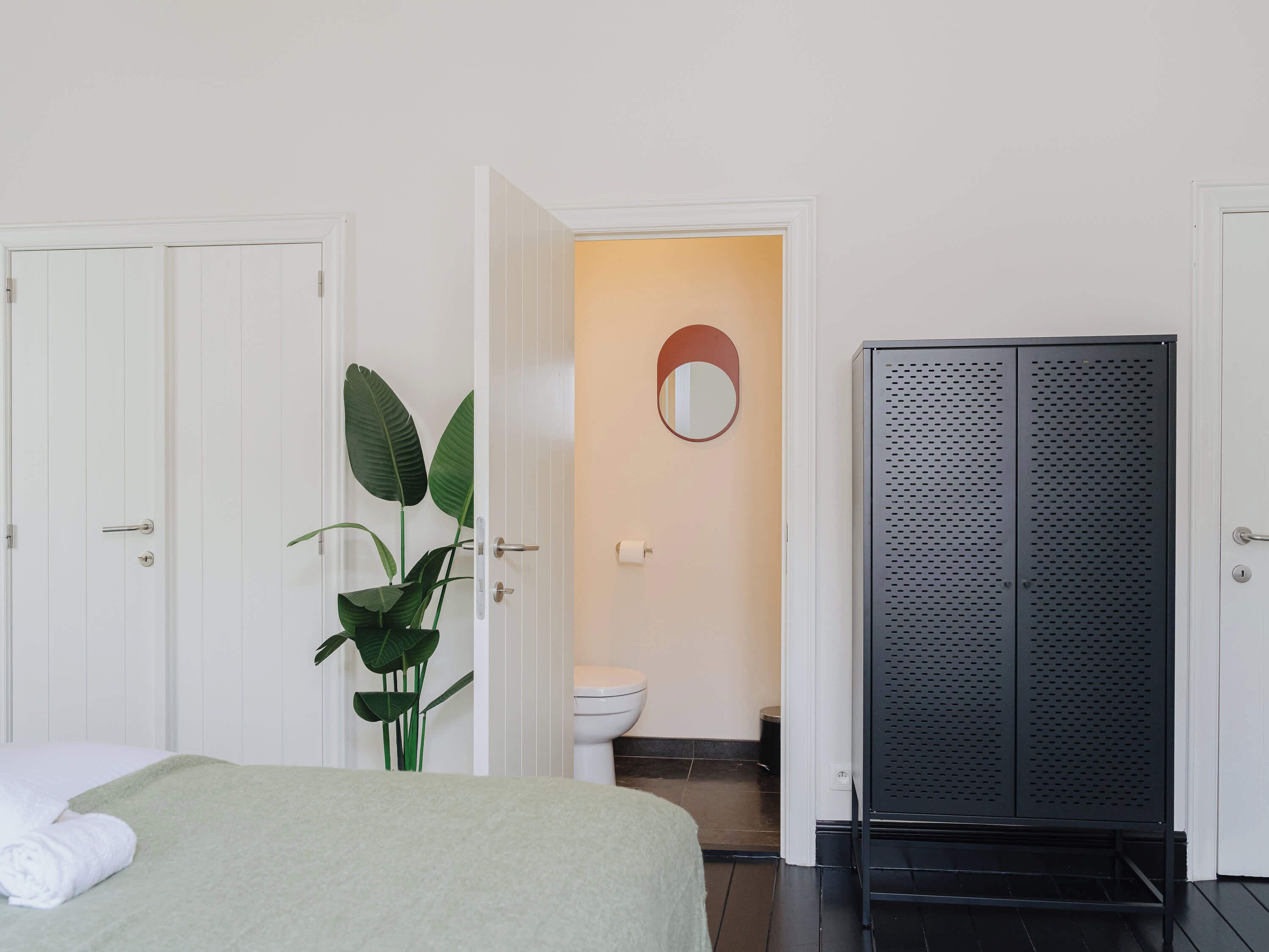 A hotel room with a bed, a plant, a toilet, and a black wardrobe.
