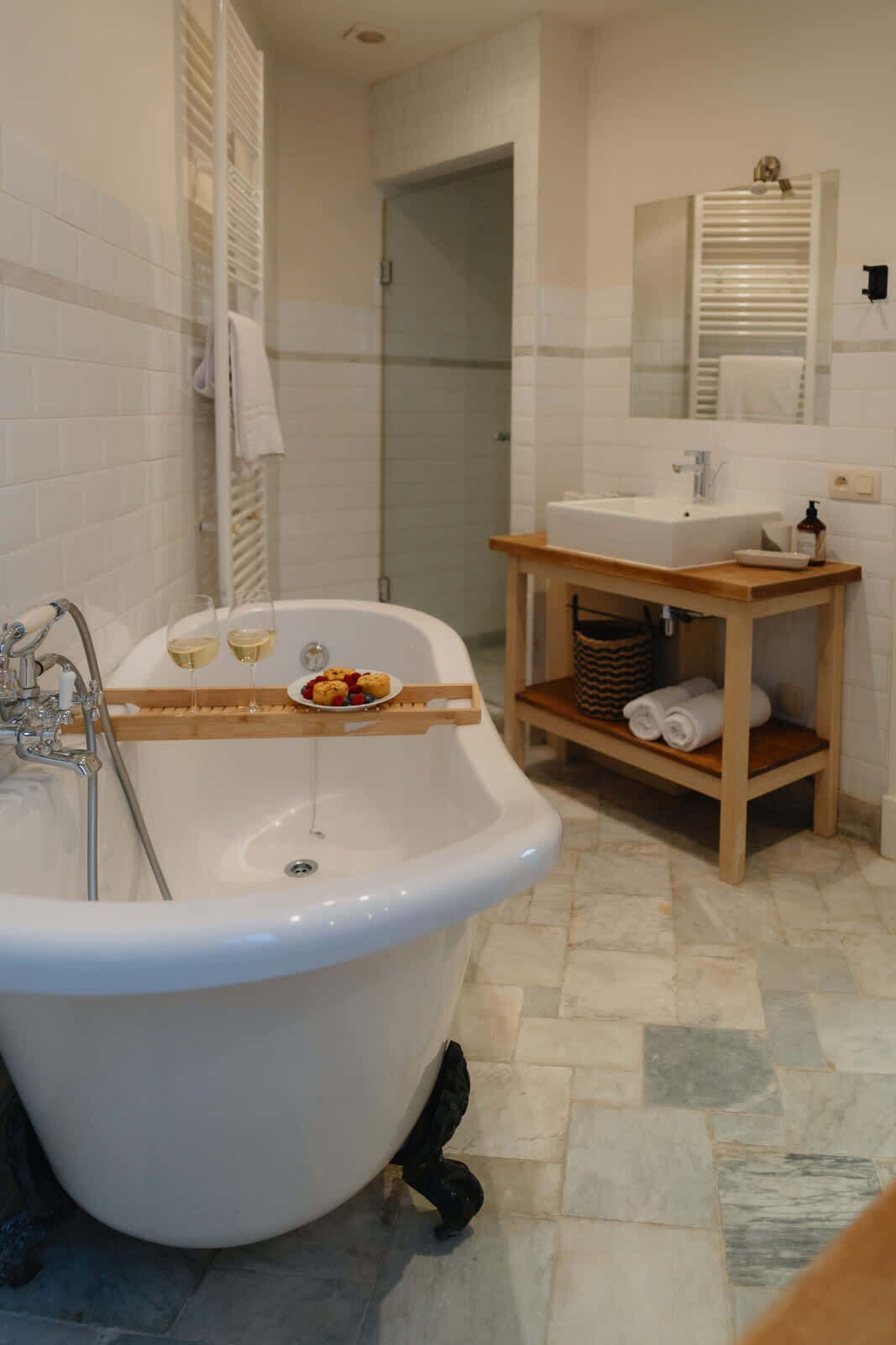 Shower, hair dryer, towels, shampoo