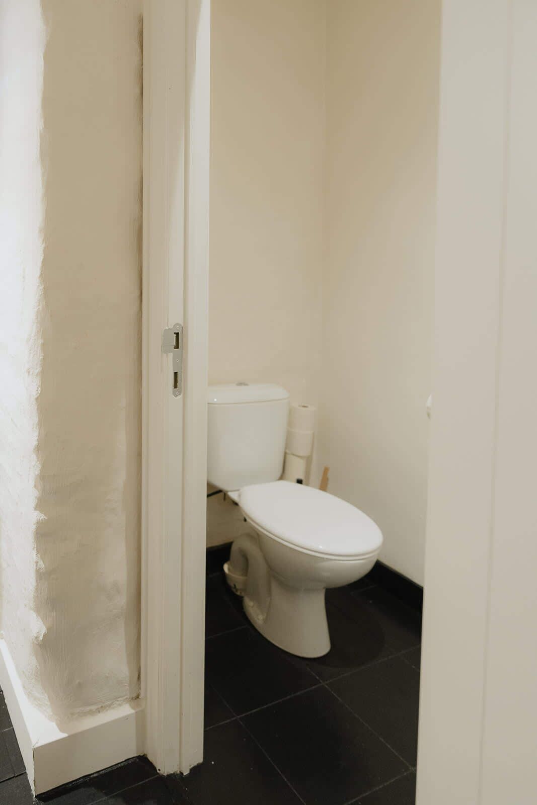 A small, narrow bathroom with a white toilet and a roll of toilet paper on the wall.