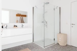 Shower, hair dryer, towels, shampoo