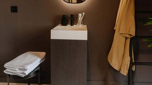 A modern bathroom with a dark wood vanity, a white sink, a mirror with a light, and a towel rack with a towel. - Spacious Suite for 4 with Kitchenette (Antwerpen)