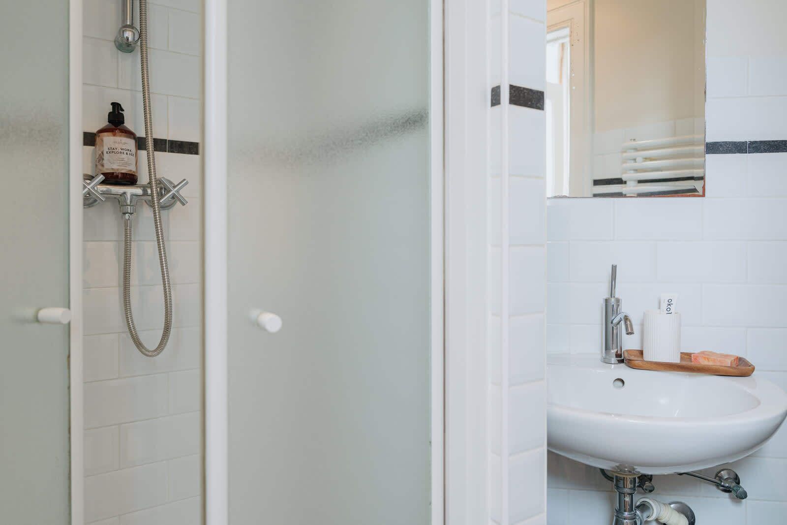 Une salle de bain avec une douche, un lavabo et un miroir.
