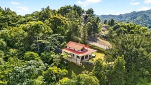 A house surrounded by dense forest with a red roof, situated on a hill with a view of distant mountains.