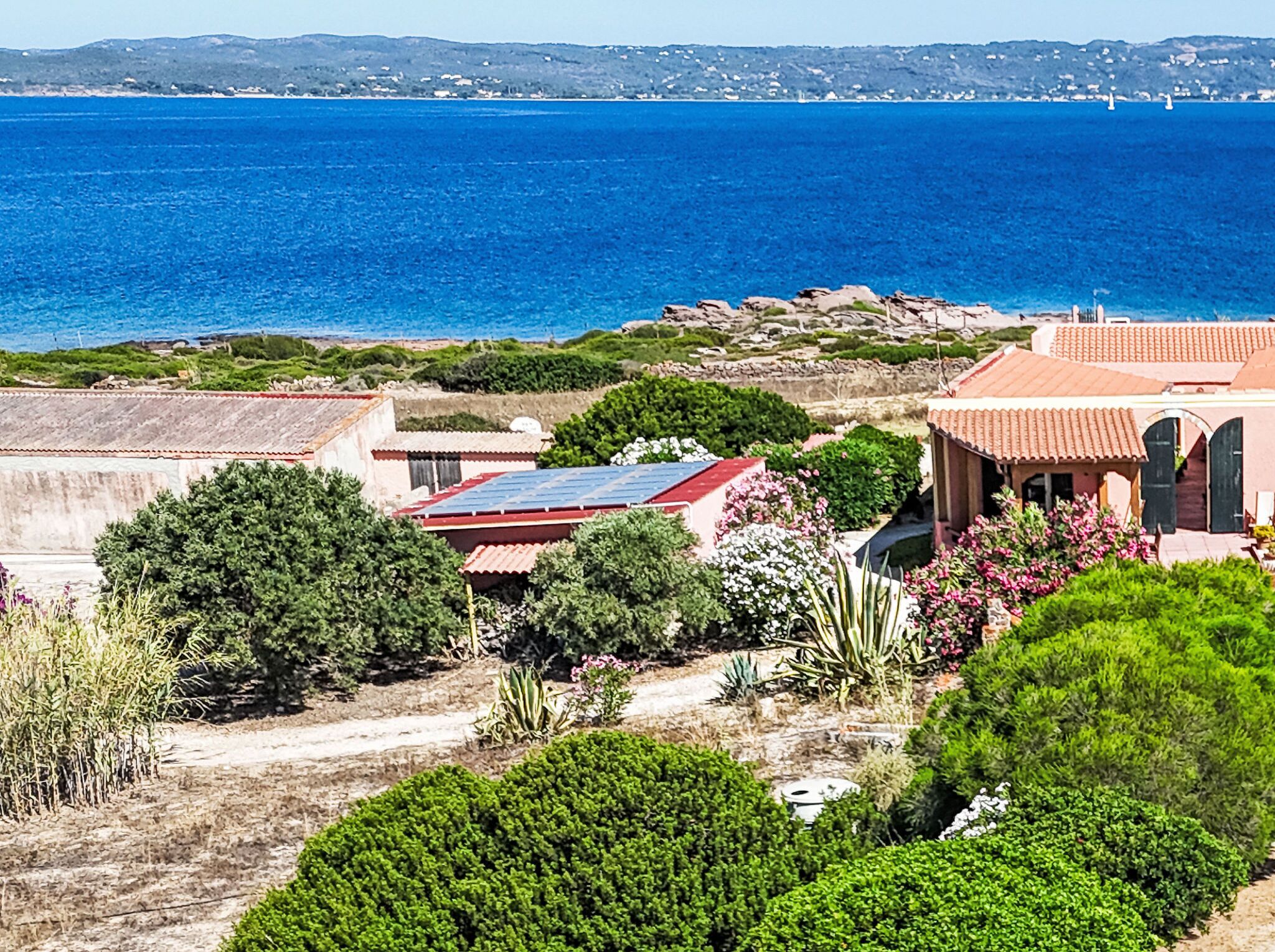 A coastal property with a view of the sea, a garden with various plants, and a building with a red roof.
