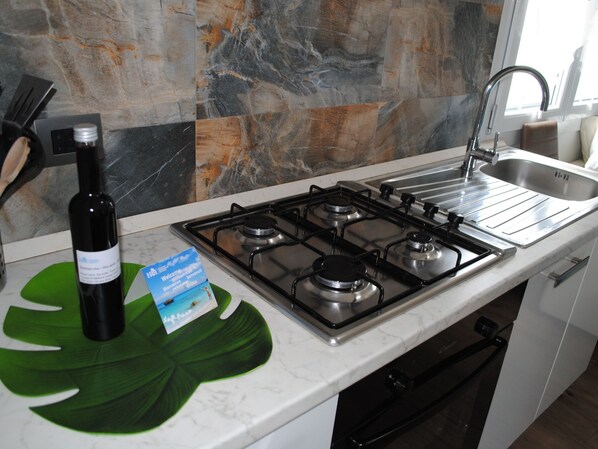 Fridge, oven, cookware/dishes/utensils