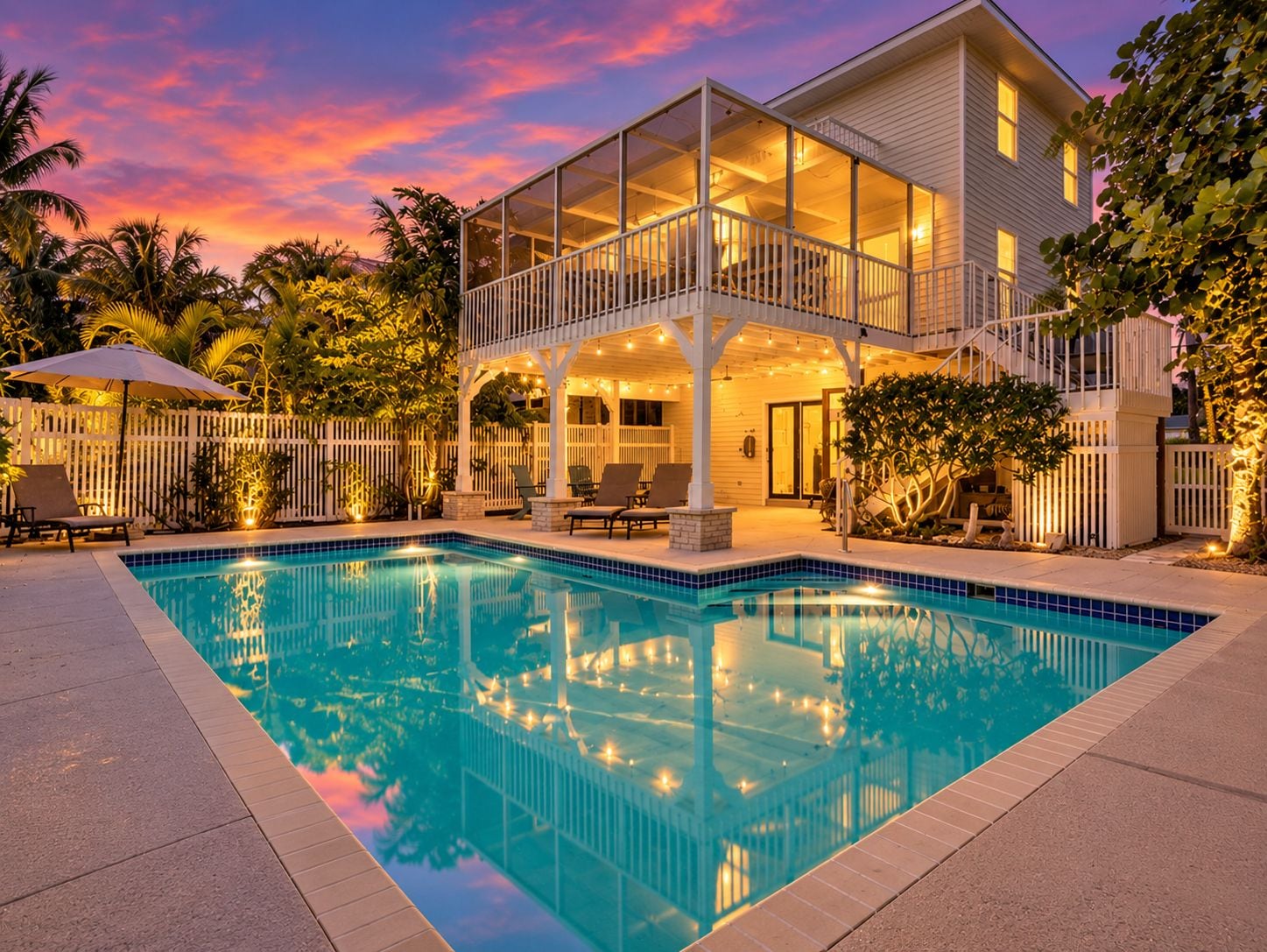 A two-story house with a swimming pool, outdoor seating, and a white fence.