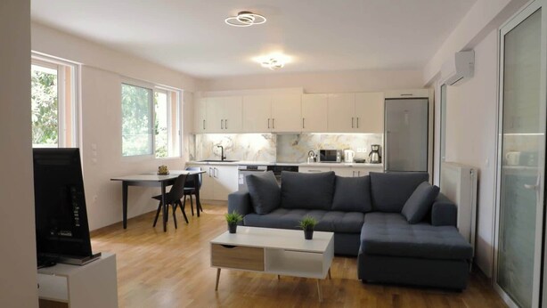 Uma sala de estar moderna com um sofá cinzento, uma mesa de centro e uma TV. Há uma área de jantar com uma mesa e cadeiras, e uma cozinha ao fundo.