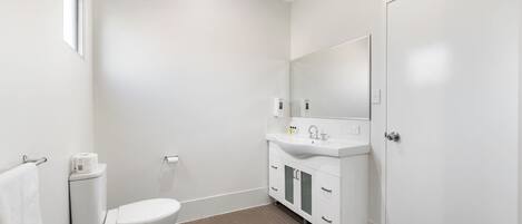 A modern bathroom with a toilet, sink, and mirror.