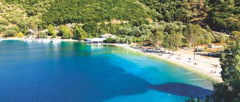 A coastal area with a beach, boats, and a hill with trees.