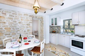 Fridge, oven, dishwasher, cookware/dishes/utensils - Restored Stone House with Sunset Views near Plani Beach & Lakka (Paxos)